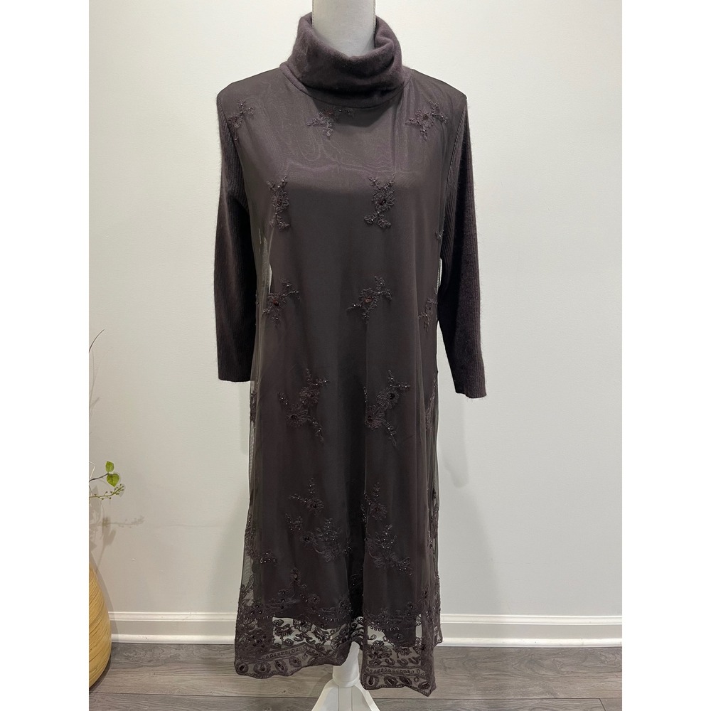 Sundance Womens Dress Embroidered Sheer Overlay Turtleneck Brown L Midi Rabbit‎